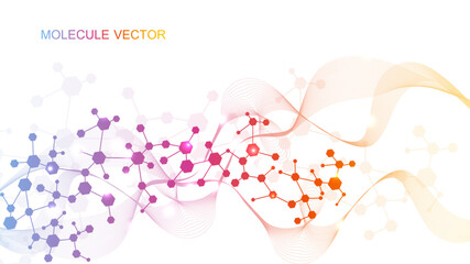 Modern abstract molecules structure for science or medical background. DNA helix or atom visualization. Molecular wave flow abstract background. Vector illustration
