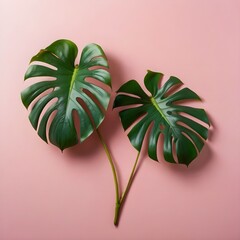 Tropical leaves Monstera on pink background. Flat lay, top view Gerenative AI