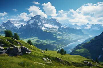 Obraz premium Mountain landscape with houses and meadows in the foreground, 3d render