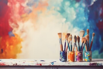 Obraz premium Artist palette with paintbrushes on wooden table over grunge background