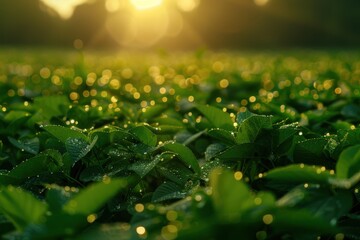 Close-up of a lush soybean field covered in morning dew, with the golden sunrise
