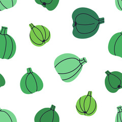 Green pumpkin, seamless pattern. Natural vegetable, organic farm food, endless background, texture. Repeating print for fabric, textile, wallpaper and wrapping paper design. Flat vector illustration