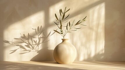 Contemporary summer still life: beige vase and olive branch in sunlight on beige table with shadows. Mediterranean ambiance. © Lasvu
