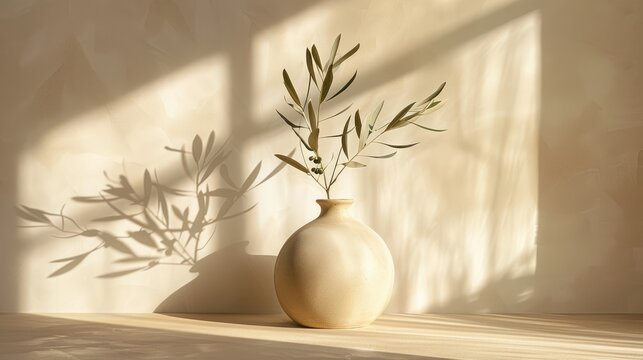 Contemporary summer still life: beige vase and olive branch in sunlight on beige table with shadows. Mediterranean ambiance.