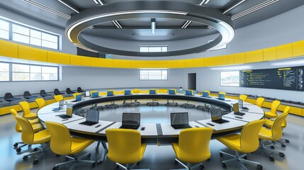Collaborative concept classroom with circular seating and advanced technology