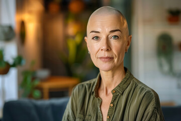 Fototapeta premium A serene portrait captures a bald woman in a warmly lit room with potted plants and contemporary decor, exuding tranquility and soft beauty