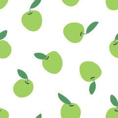 Seamless apple pattern. Fresh green fruits, endless background, texture design for fabric, wallpaper and wrapping. Repeating print, natural summer food. Printable repeatable flat vector illustration