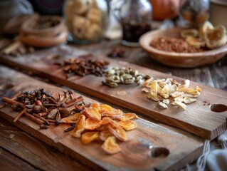 Fototapeta premium Rustic Ingredients: A Guide to Dried Spices and Fruits for Your Next Beverage or Compote