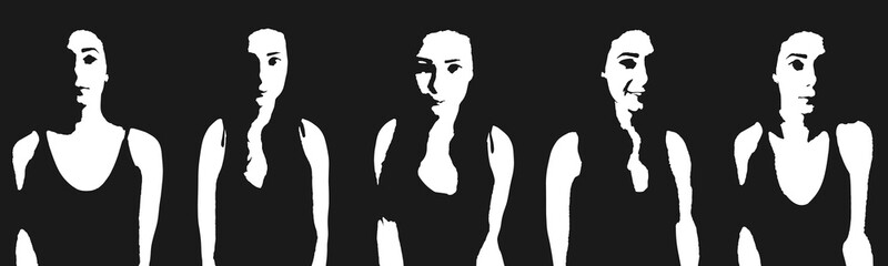 Set of stickers with people face. Symbols with different emotions. Poses of faces, hands. Torso. Halftone silhouettes. Halloween. Icons for messages, atmosphere, website, avatar. Vector