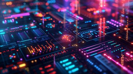 Abstract digital background glowing data visualization and cyberpunk elements futuristic interface featuring neon lights holographic displays complex circuit patterns representing advanced technology