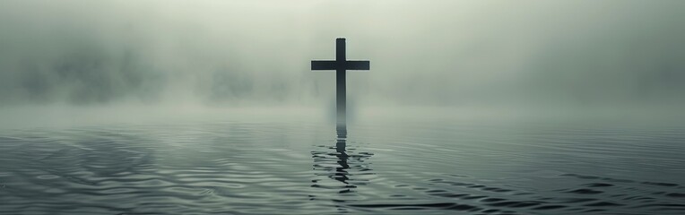 Solitary Cross Over Misty Water at Dawn