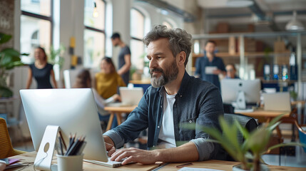 Obraz premium featuring a tech-savvy man at his computer in a creative office, with moving colleagues in the background representing collaboration and connectivity, ideal for themes of technolog