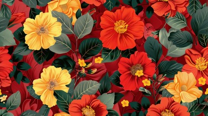Vibrant Floral Pattern with Red and Yellow Blooms
