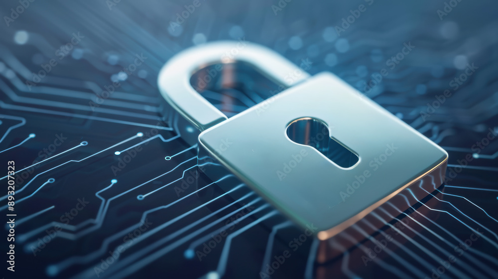 Poster close-up of a metallic padlock on a digital circuit board, symbolizing cybersecurity and data protec