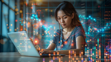 a female programmer coding applications on her laptop, engaged in her work with a background of digital graphs and data, symbolizing her role in app development and technology inno