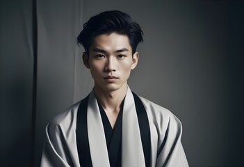 A young man in a white suit and black shirt