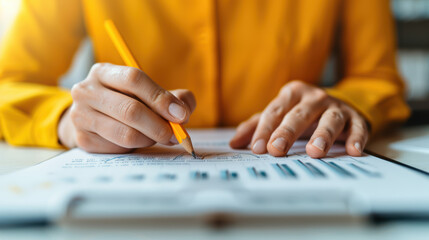 Close-up of a person analyzing financial data on paper with a pencil, focused on charts and graphs, perfect for business and finance concepts.