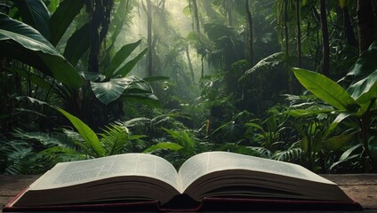 open book against the backdrop of a tropical forest