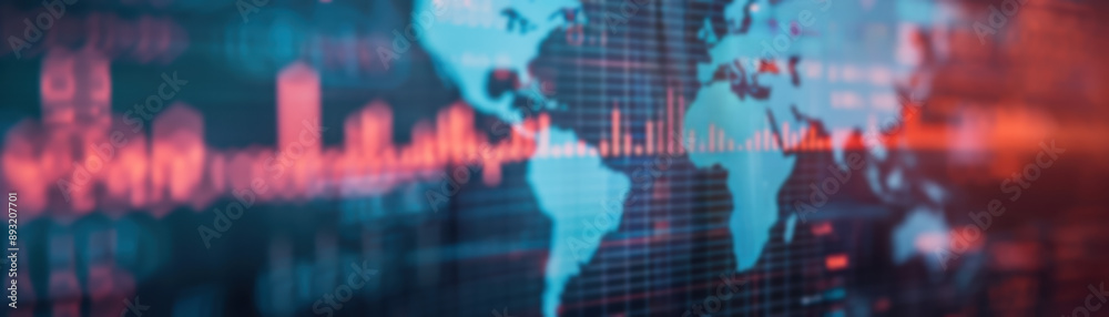 Poster digital map of the world with red and blue data charts overlay, representing global data analytics a