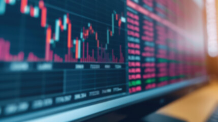 Blurred image of stock market data on a computer screen with red and blue charts, highlighting financial trends and investment analysis.