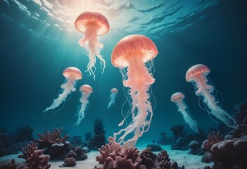 Fototapeta premium Jellyfish up close under crystal clear water with sunlight shining through