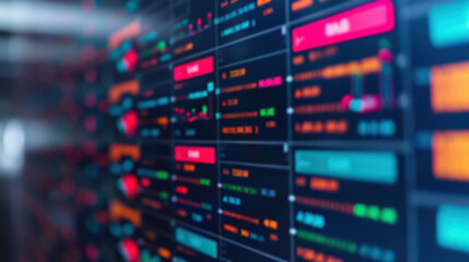Blurred view of multiple financial charts and data on screens, representing modern technology and finance industry analytics.