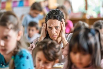 Obraz premium In a crowded and chaotic classroom, a stressed teacher is overwhelmed by the energetic children, reflecting intensity and frustration in education