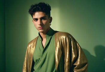 Obraz premium A young man in a sparkling cape and a green shirt on a dark background