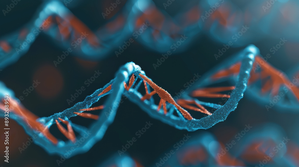 Poster close-up of a dna double helix structure in red and blue. the intricate details highlight the fascin