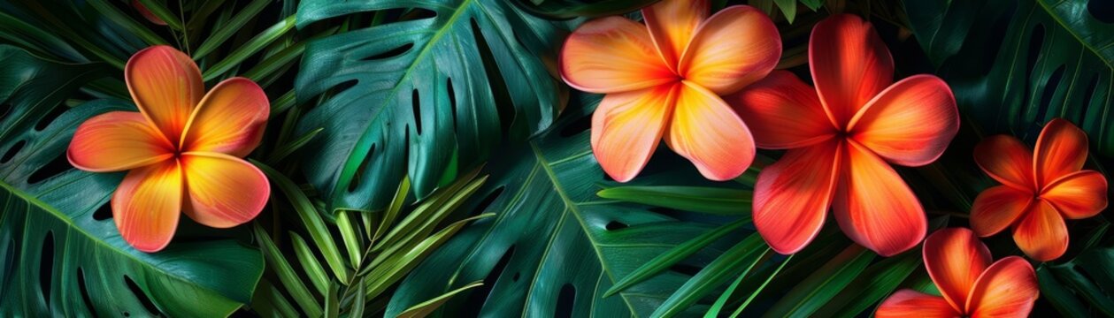 Exotic tropical flower blossoms with vivid colors and lush greenery, tropical flowers