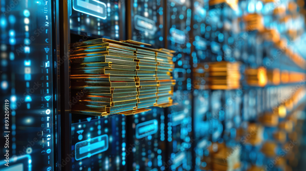 Poster close-up of data server infrastructure with glowing blue lights, emphasizing digital information net