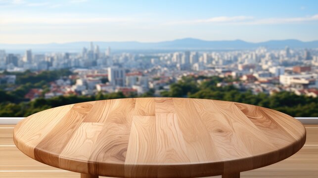 A close shot of smooth round wooden table on a white backdrop with morning sunlight and a big space top of it for elegant product advertisement purpose or text backdrop, Generative AI. 