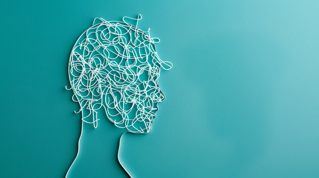 Illustration of human head with tangled line inside like brain. Concept of illness, mental health disorder, confusion, depression, anxiety, mental problem. Psychotherapy and psychological help