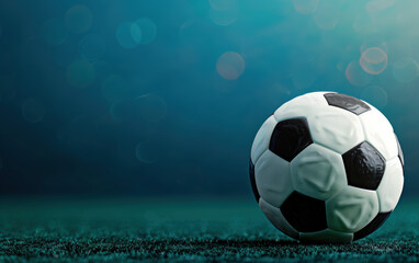 Fototapeta premium A classic black and white soccer ball resting on a green field under a vibrant, bokeh-filled sky, capturing the essence of the game and the excitement it brings.