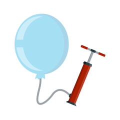 Red pump inflates large balloon. Template for promotions and discounts. Mechanical tools for pumping air.