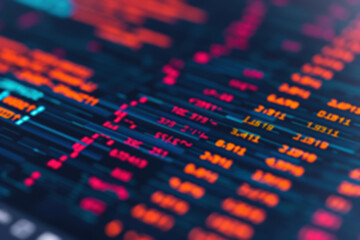 Abstract digital code background showing data flow and programming concept with colorful codes and numbers on a dark screen.