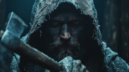 A menacing figure cloaked in a hood, clutching a sledgehammer, his grim expression and ancient attire signal a readiness for battle.