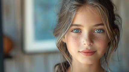 Obraz premium A close-up portrait of a young girl with blue eyes and freckles, looking directly at the camera