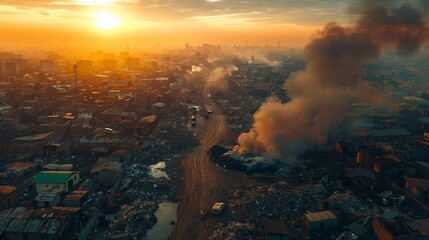 Obraz premium A city skyline at sunset with a large plume of smoke rising from a fire