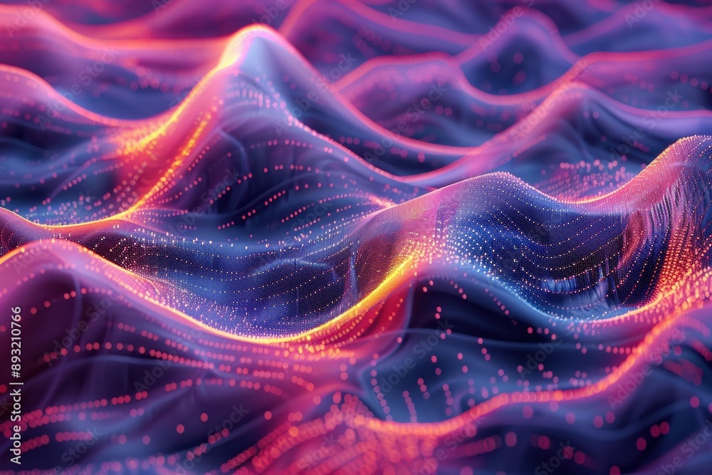 Poster vibrant abstract digital landscape with glowing points and wavy patterns. futuristic data visualizat