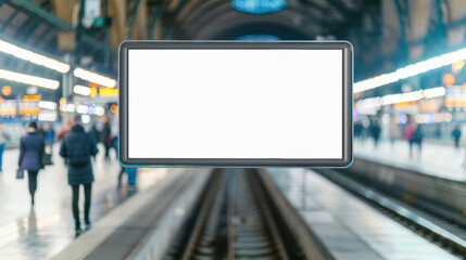 Obraz premium A blank advertisement billboard at a busy train station, with blurred commuters and train tracks in the background.