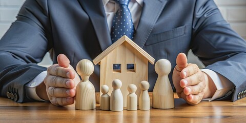 An insurance agent's hands cradle a model home and a family of wooden dolls, conveying protection and security, highlighting comprehensive insurance coverage.