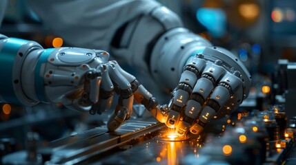 Fototapeta premium A robotic arm with multiple joints and sensors carefully manipulates a small object on a metal surface