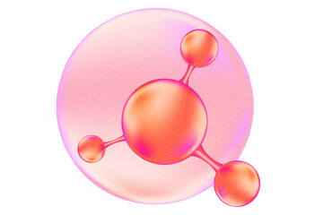 Vintage 3D pink molecule with grainy texture, hyaluronic acid or collagen, nano 3D cell, bio scientific icon with noise gradient texture. Retro beauty science isolated element.