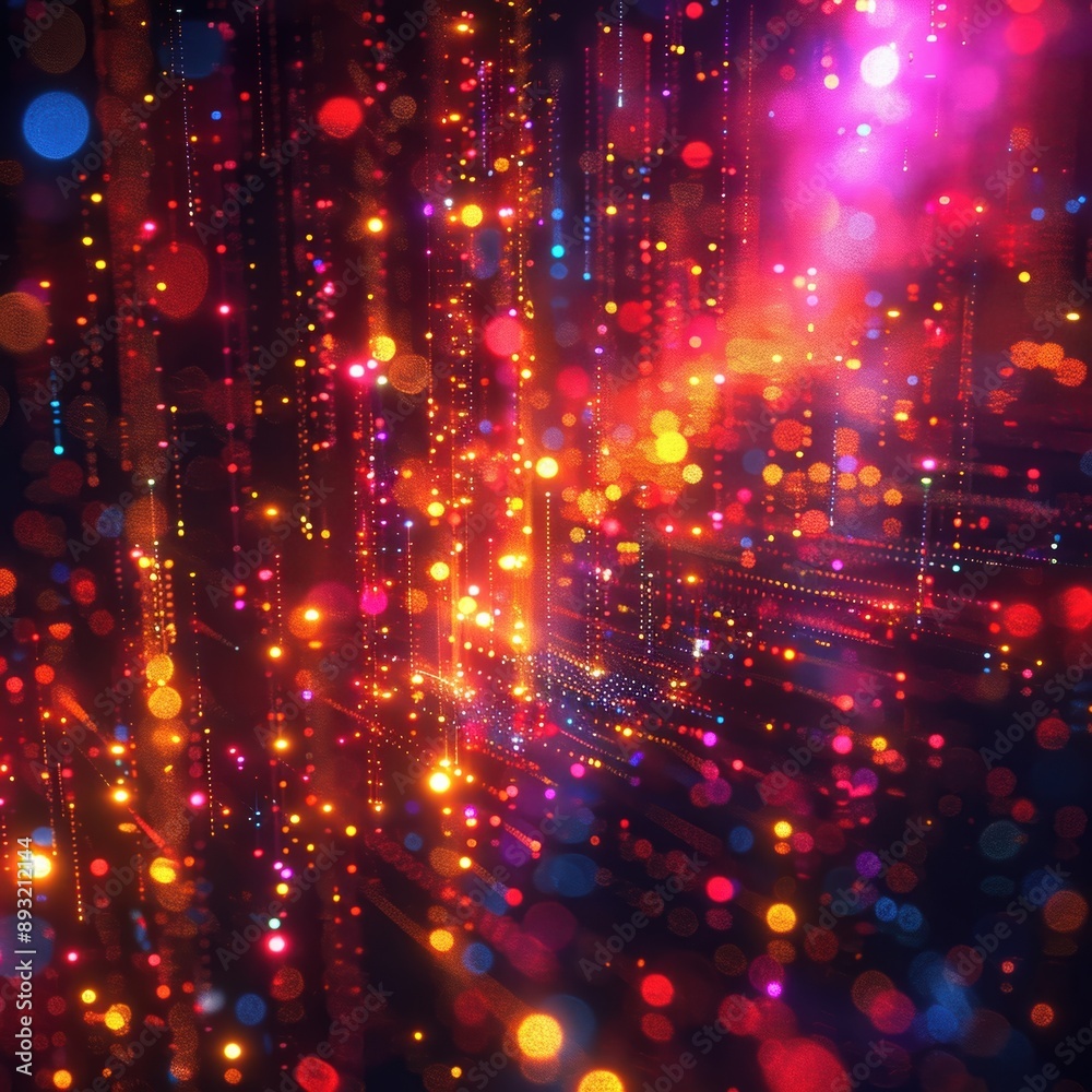 Poster vivid abstract background with colorful bokeh lights and lens flares, creating a festive and dynamic
