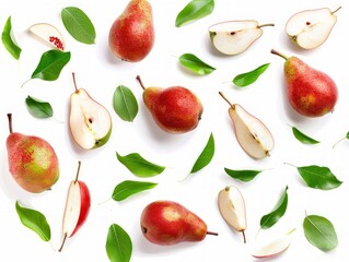 Obraz premium Pearfectly Ripe: A Creative Composition of Juicy Pears and Fresh Green Leaves