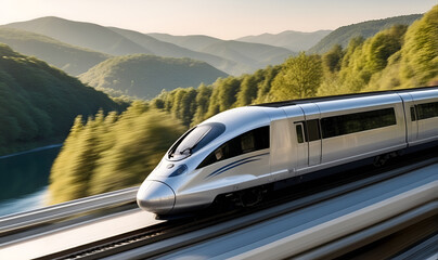 Fototapeta premium High speed train, riding against a background of forest, river, mountains and bridge.