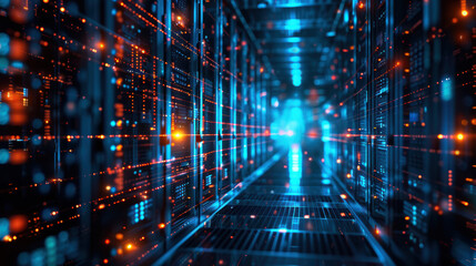 Futuristic server room with glowing lights and advanced technology, showcasing high-speed data transfer and modern digital infrastructure. Abstract blue tones.