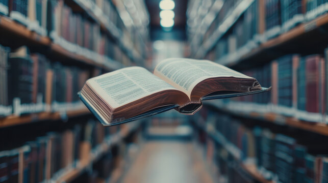 A book appears to float mysteriously between rows of bookshelves in a library, creating a magical and enchanting atmosphere. - Powered by Adobe