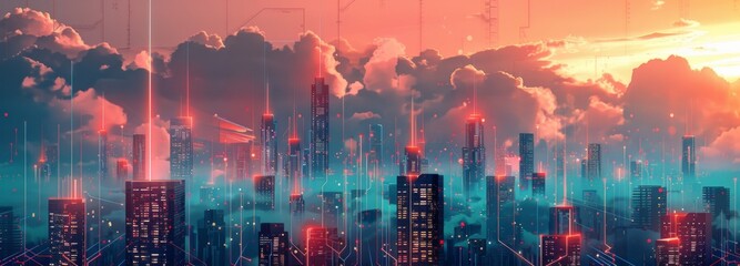 Futuristic Smart Cyber City illustration: Innovative Urban Landscape, futuristic technology and cyber punk concept, Graphic Resources, Wallpapers, Brochure, Websites, banner, Advertising, background